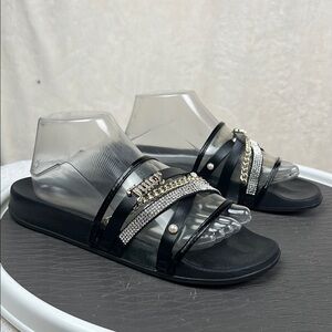 Juicy Couture Faux Fur Logo Rhinestone Chains Bling Slides women's 9